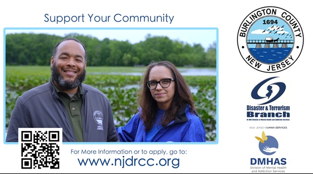 Photo: Burlington County Commissioner Randy Brolo and Jennifer Wright, Community Outreach Coordinator for the County Department of Human Services, encourage county residents to volunteer to become trained Disaster Response Crisis Counselors.