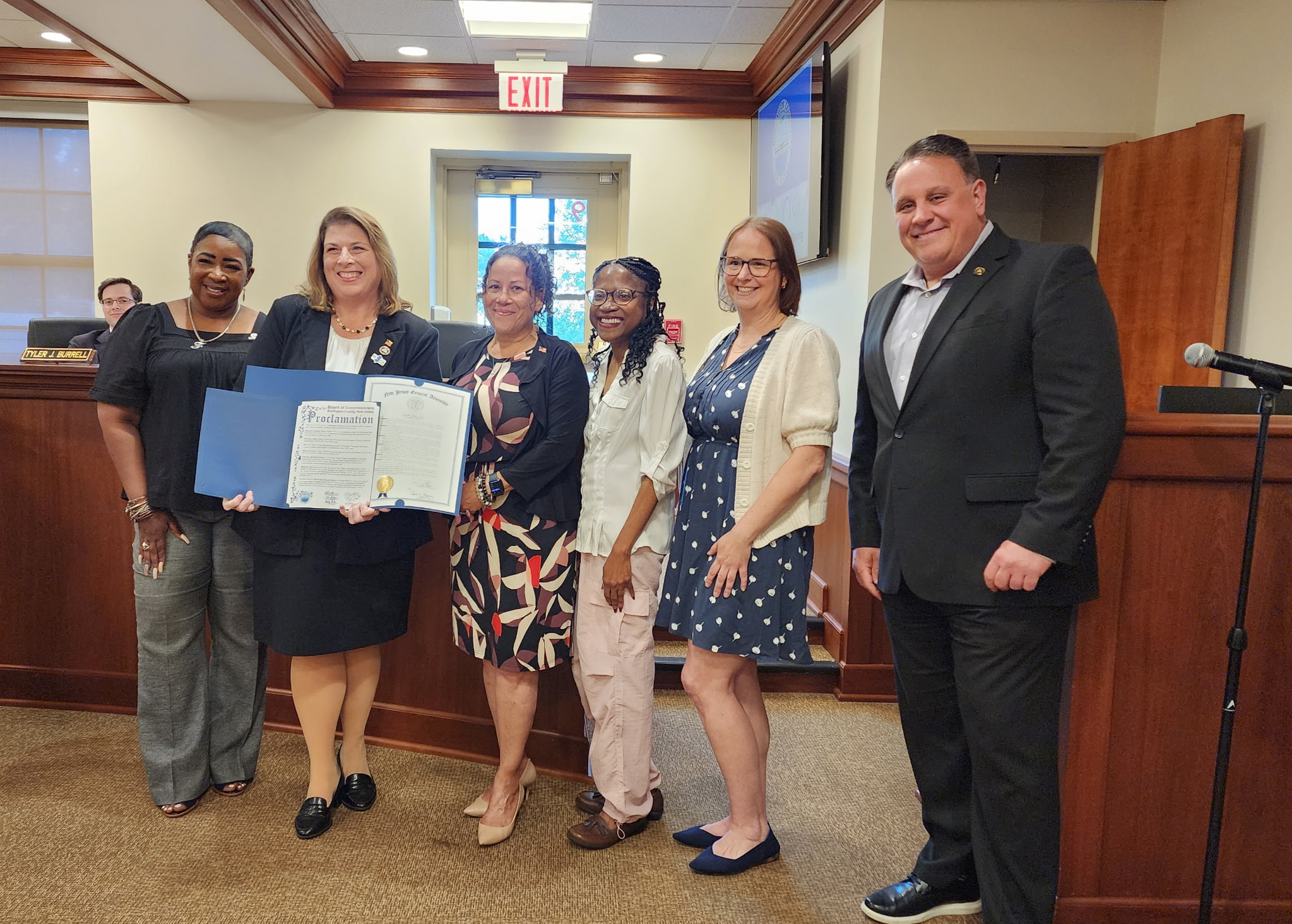 Photo: The Burlington County Commissioners honored Evesham Mayor Jaclyn Veasy on Wednesday in recognition of her installation as the new President of the New Jersey Conference of Mayors. Pictured are Burlington County Commissioner Director Felicia Hopson, Mayor Veasy, Evesham Deputy Mayor Heather Cooper, Evesham Councilwoman Dr. Krystal Hunter, State Assemblywoman Andrea Katz and Evesham Manager Walt Miller.